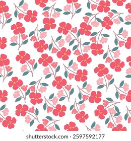 coquette seamless pink flowers pattern. Delicate petals and vibrant blossoms create an artistic and vintage botanical illustration. Perfect for wallpaper, fabric, wrapping paper and more.