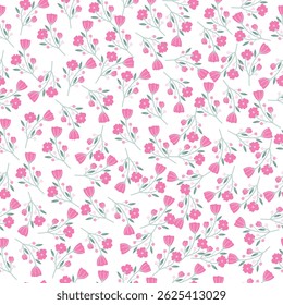 coquette seamless pink flowers pattern. Delicate petals and vibrant blossoms create an artistic and vintage botanical illustration. Perfect for wallpaper, fabric, wrapping paper and more.