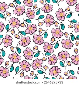 Coquette sin patrón de flores de color rosa. Delicados pétalos y flores vibrantes crean una ilustración botánica artística y vintage
