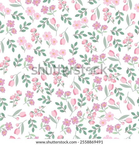coquette seamless pink flowers pattern. Delicate petals and vibrant blossoms create an artistic and vintage botanical illustration. Perfect for wallpaper, fabric, wrapping paper and more.