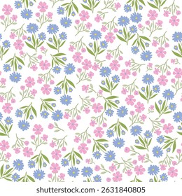 coquette seamless pink and purple flowers pattern. Delicate petals and vibrant blossoms create an artistic and vintage botanical illustration. Perfect for wallpaper, fabric, wrapping paper and more.
