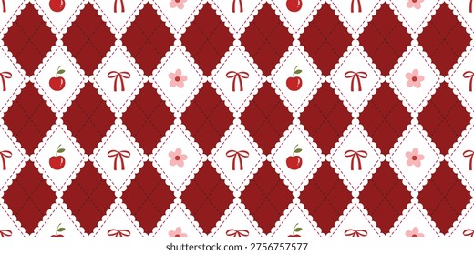 Coquette seamless red argyle pattern with a classic preppy vibe, scalloped-edge diamonds filled with hand-drawn cherries, pink blossoms, and red bows, sweet, feminine look for textiles, stationery, and gift wrapping.