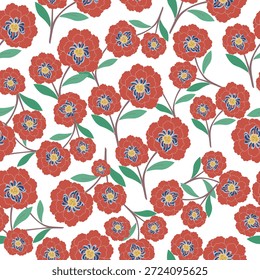 coquette seamless red flowers pattern. Delicate petals and vibrant blossoms create an artistic and vintage botanical illustration. Perfect for wallpaper, fabric, wrapping paper and more.