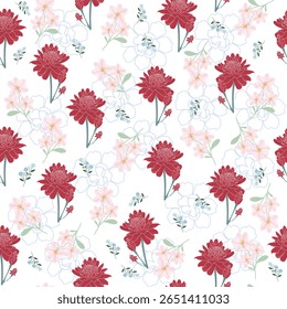 coquette sem costura tocha gengibre, flores vermelhas, rosa azul padrão. Pétalas delicadas e flores vibrantes criam uma ilustração botânica artística e vintage. 