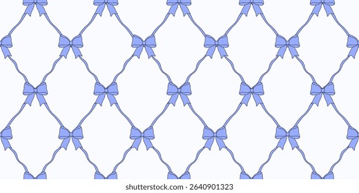 Coquette seamless Trellis with blue Bow and Ribbon, male vector wallpaper fabric textile print background, Coquettish seamless pattern EPS 10