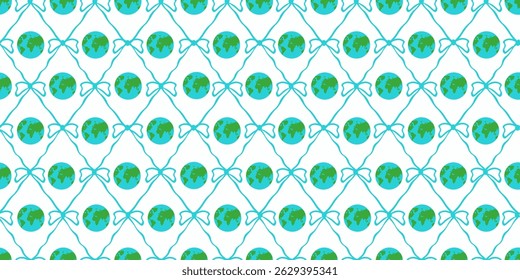 Coquette seamless Trellis with Globe Bow and Ribbon. Perfect Earth day wrapping paper. Vector illustration of Coquette environment seamless pattern background textile wallpaper print. EPS 10