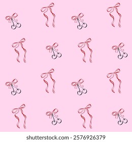Coquette seamless vector pattern. Trendy print of cherries with ribbon and bow on pink background. Design for wrapping paper, packaging for Valentine day and wedding. Doodle vector illustration