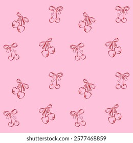 Coquette seamless vector pattern. Trendy print of cherries with ribbon and bow on pink background. Design for wrapping paper, packaging for Valentine day and wedding. Doodle vector illustration
