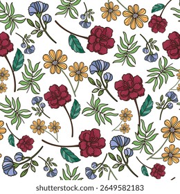 coquette seamless vintage flowers pattern. Delicate petals and vibrant blossoms create an artistic and vintage botanical illustration. Perfect for wallpaper, fabric, wrapping paper and more.