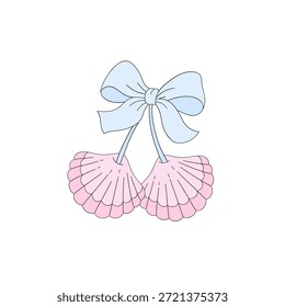Coquette Seashell Ilustración de cereza con arco en suave estética rosa pastel para diseño de verano femenino