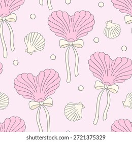 Coquette Seashell Corazones Patrón sin fisuras con arcos y perlas en fondo náutico femenino rosa pastel