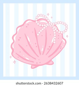 Coquette Seashell with pearl bow in pink pastel hand drawn doodle Summer aesthetic for cute girly printable wall art and summer card design
