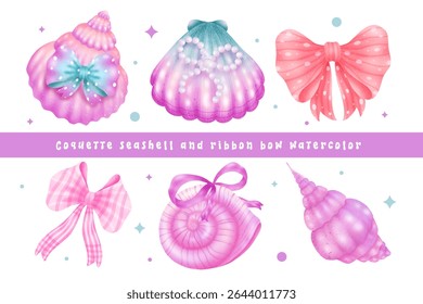 Coquette seashell and ribbon bow watercolor elements isolated on white background. Vector illustration.