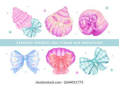 Coquette seashell and ribbon bow watercolor elements isolated on white background. Vector illustration.