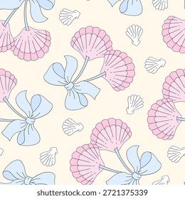 Coquette Seashell Patrón sin fisuras con lazos pastel en rosa suave y azul para fondos de verano femeninos
