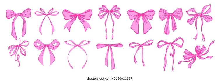 Pink Vintage coquette ribbon bows set. Whimsical Hand Drawn Rococo Style Illustration. Playful, feminine, coquette design in charming girly style. Retro aesthetics