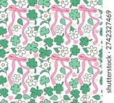 Coquette Shamrock Seamless Pattern, St. Patricks Day Digital Paper, Trendy Lucky Leaf and Pink Ribbon Bows Repeat Pattern Design Vector