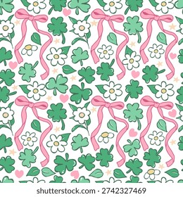 Coquette Shamrock Seamless Pattern, St. Patricks Day Digital Paper, Trendy Lucky Leaf and Pink Ribbon Bows Repeat Pattern Design Vector