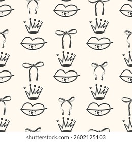 Coquette sketch seamless pattern. Girly marker endless background. Bow, crown and lips repeat cover. Crayon continuous ornament. Surface pattern design ribbon motif. Vector hand drawn illustration.