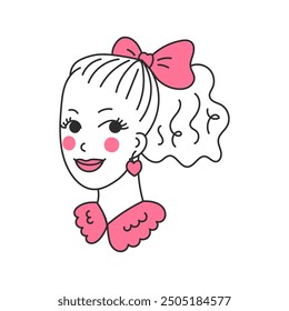 Coquette smiling young woman portrait with tied bow hair. Beautiful curly blonde girl head with pink accessories. Isolated vector illustration in doodle style