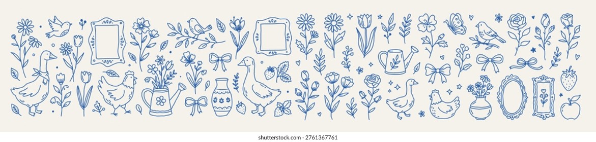 Coquette spring illustrations and cottage aesthetics elements. Cute hand drawn garden and field flowers, bow, birds, goose, chicken, strawberry, watering can, leaves, vases, frames. Spring summer floral icon.