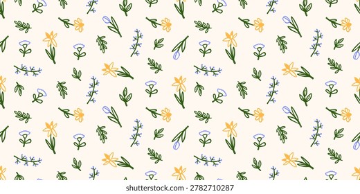 Coquette spring vector seamless pattern. Wrapping paper design with flowers, plants, leaves whimsical outline illustrations