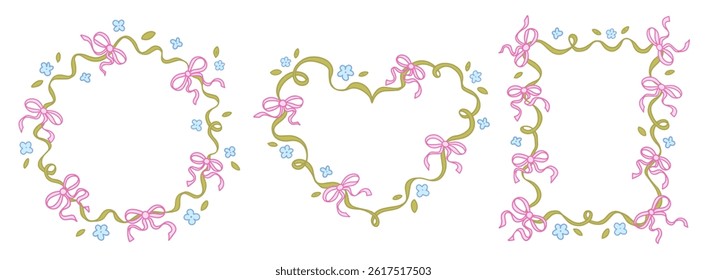 Coquette Spring whimsical frames with flowers and bows in trendy, vintage style. Delicate vintage borders for holiday, wedding, birthday gift decorations. Hand-drawn Vector illustration.