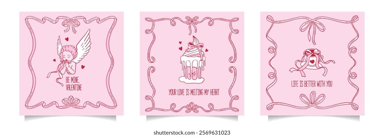 Coquette square greeting cards set. Happy Valentines Day covers with Coquettish girly doodle romantic elements with bows and ribbons knot. Invitation abstract design in handdrawn contour style. Vector