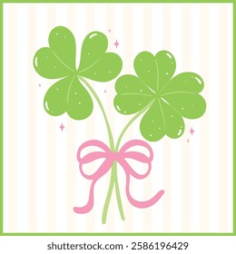 Coquette St Patricks Day 4 Leaf Clover and Shamrock with Bow Retro Girly Whimsical Hand Drawn 