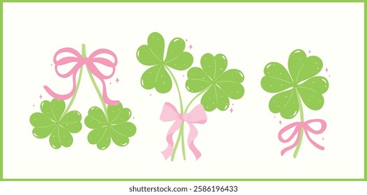 Coquette St Patricks Day 4 Leaf Clover with Ribbon Bow Retro Whimsical Hand Drawn Set