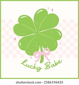 Coquette St Patricks Day 4 Leaf Clover with Ribbon Bow Retro Girly Lucky Babe Whimsical Hand Drawn 