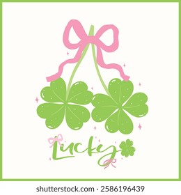 Coquette St Patricks Day 4 Leaf Clover Cherries liked with Ribbon Bow Girly Whimsical Hand Drawn 