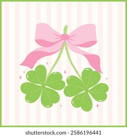 Coquette St Patricks Day 4 Leaf Clover with Bow Retro Girly Whimsical Hand Drawn 