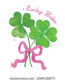 Coquette St Patricks Day 4 Leaf Clover with Bow Retro Lucky Babe Girly Whimsical watercolor vector