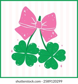 Coquette St Patricks Day 4 Leaf Clover with Bow Retro Girly Whimsical Hand Drawn 