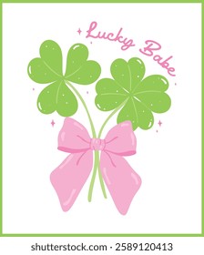 Coquette St Patricks Day 4 Leaf Clover with Bow Retro Lucky Babe Girly Whimsical Hand Drawn 