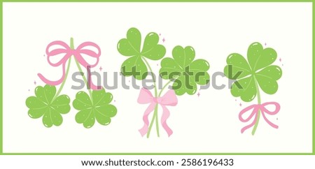 Coquette St Patricks Day 4 Leaf Clover with Ribbon Bow Retro Whimsical Hand Drawn Set