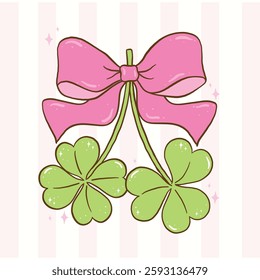 Coquette St Patricks Day Retro 4 Leaf Clover with Pink Bow Lucky Babe Hand Drawn