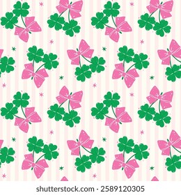 Coquette St Patricks Seamless Pattern Day 4 Leaf Clover with Bow Retro Girly wallpaper isolated on background