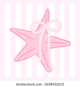 Coquette starfish with pearl bow in pink pastel hand drawn doodle Summer aesthetic for cute girly printable wall art and summer card design