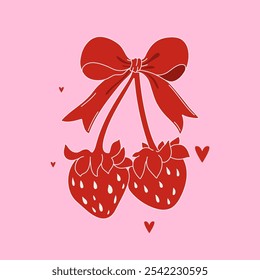 Coquette strawberries with bow. Strawberry with ribbon on pink background. Vector illustration for posters, cards, logo, printing on t-shirt etc.