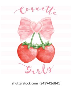 Coquette Strawberries with pink ribbon bow vicotira, aesthetic watercolor hand drawing