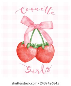 Coquette Strawberries with pink ribbon bow, aesthetic watercolor hand drawing