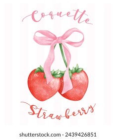 Coquette Strawberries with pink ribbon bow, aesthetic watercolor hand drawing