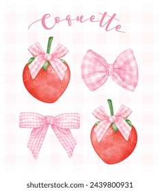 Coquette Strawberries and pink ribbon bow set, aesthetic watercolor hand drawing