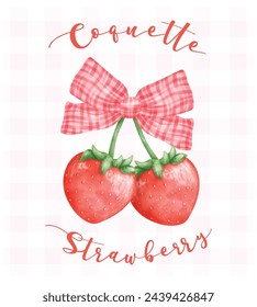 Coquette Strawberries with red ribbon bow, aesthetic watercolor hand drawing