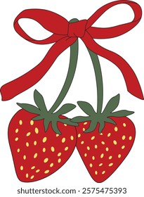 Coquette Strawberries with red ribbon bow,  vector illustration for poster, card, logo, t-shirt printing, etc.