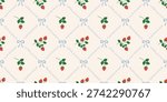 Coquette Strawberry and Bow Seamless Pattern. Cute Ribbon Vintage Girly Aesthetic Background. Perfect for Fabric, Wrapping Paper, Wallpaper, Decor