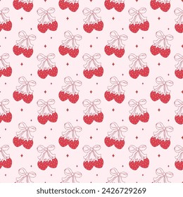 Coquette strawberry with bow seamless pattern, retro vintage background isolated.