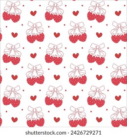 Coquette strawberry with bow seamless pattern, retro vintage background isolated.
